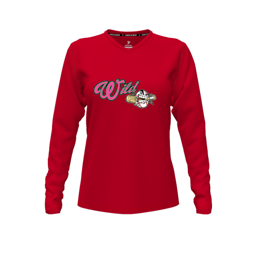 [FTLVPTRD-FYXS-LOGO3] Decker Performance T-Shirt (Female Youth XS, Red, V Neck, Logo 3, Long Sleeve)